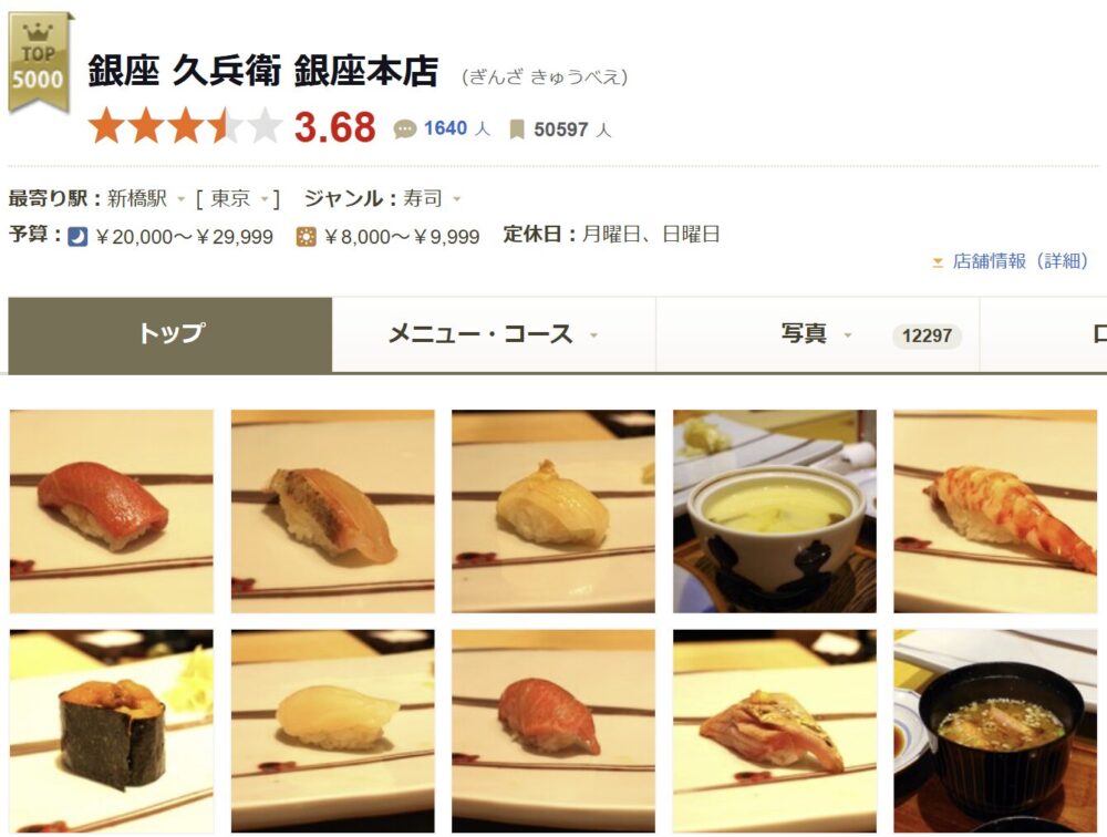 銀座 久兵衛 記念日 ディナー 鮨 食べログ